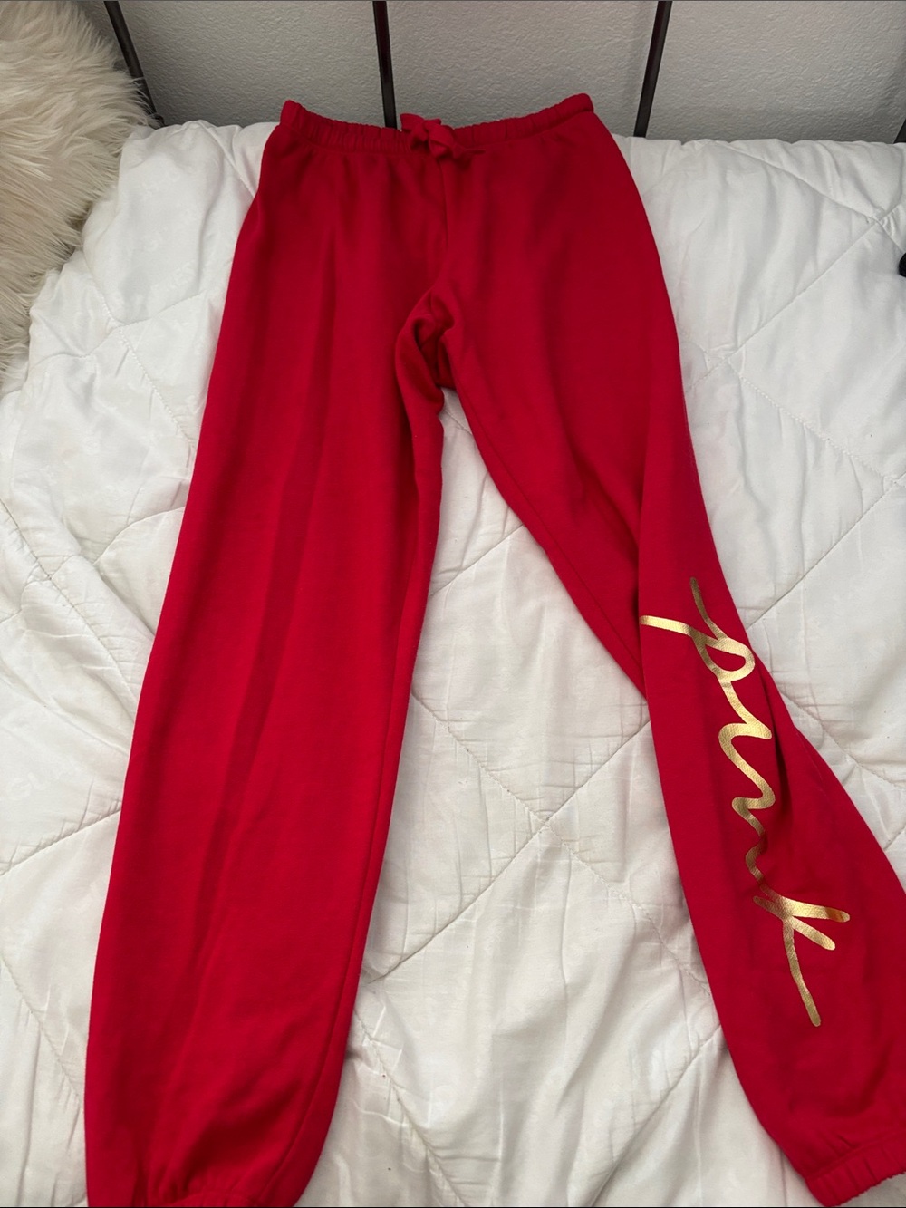 PINK Victoria's Secret Red Joggers with Gold Script